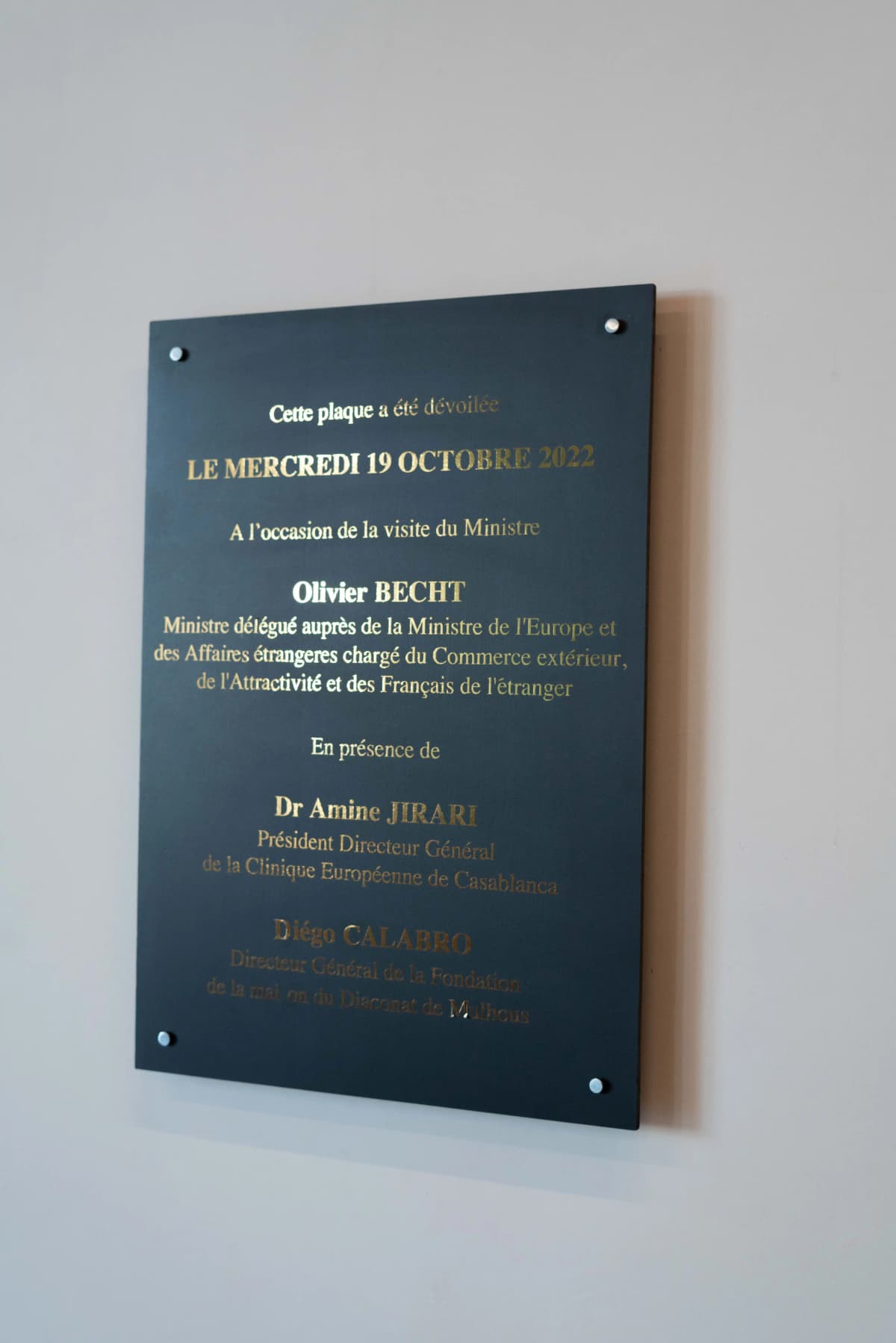 Inauguration plaque of Clinique Européenne de Casablanca, October 2022